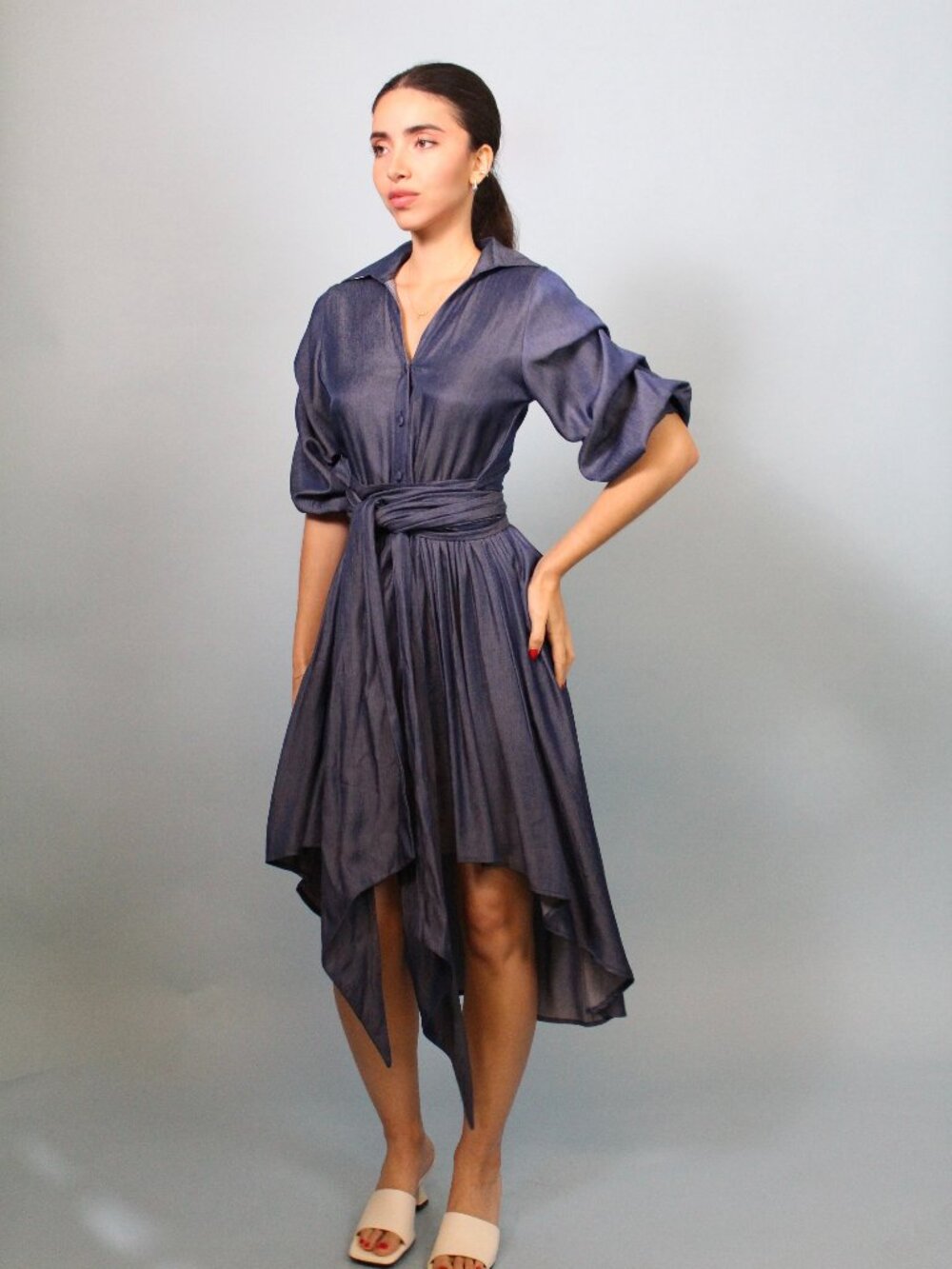 Elegant Navy Blue High-Low Shirt Dress